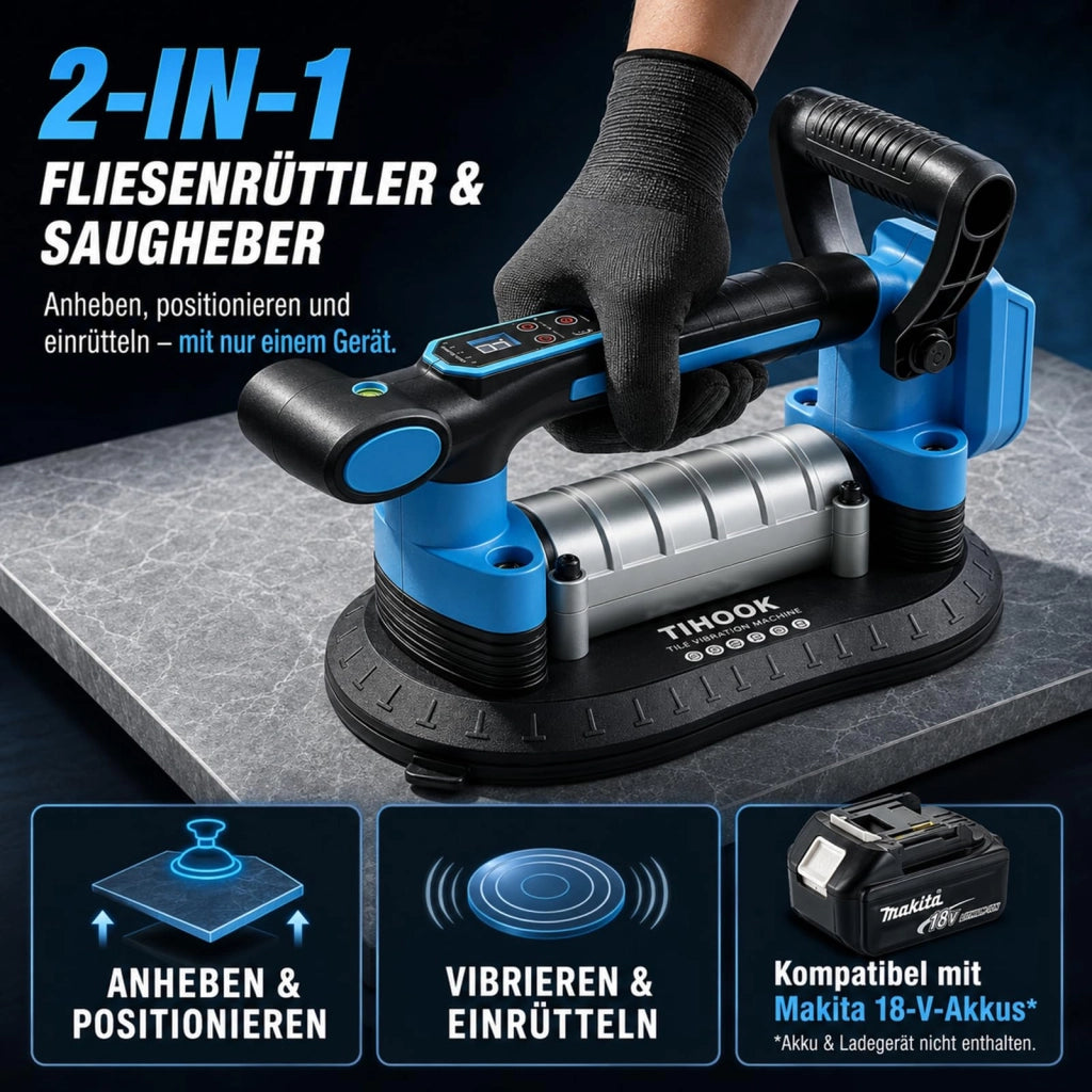 Vibratore per piastrelle a batteria 2-in-1, con ventosa, 9 livelli di vibrazione, capacità di carico 400 kg