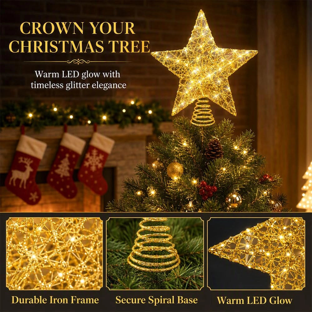 Stella per la punta dell'albero di Natale, 20 x 25 cm, color oro, con 20 LED bianchi caldi, alimentata a batteria