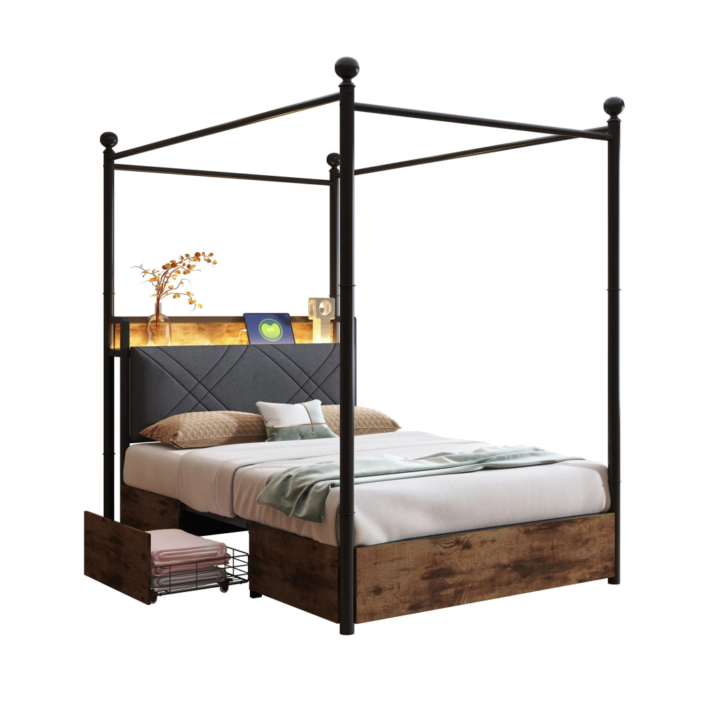 Letto singolo a baldacchino 90x190 nero con due cassetti
