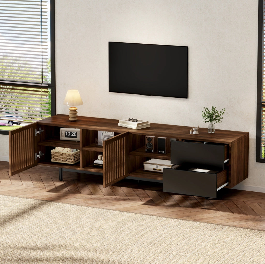 Mobile porta televisore 160 cm in MDF, finitura noce e nera