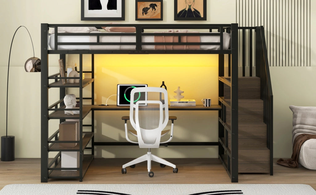 Letto a soppalco in metallo 140x200 cm con scrivania integrata, scala contenitore, luce LED e porta USB, nero