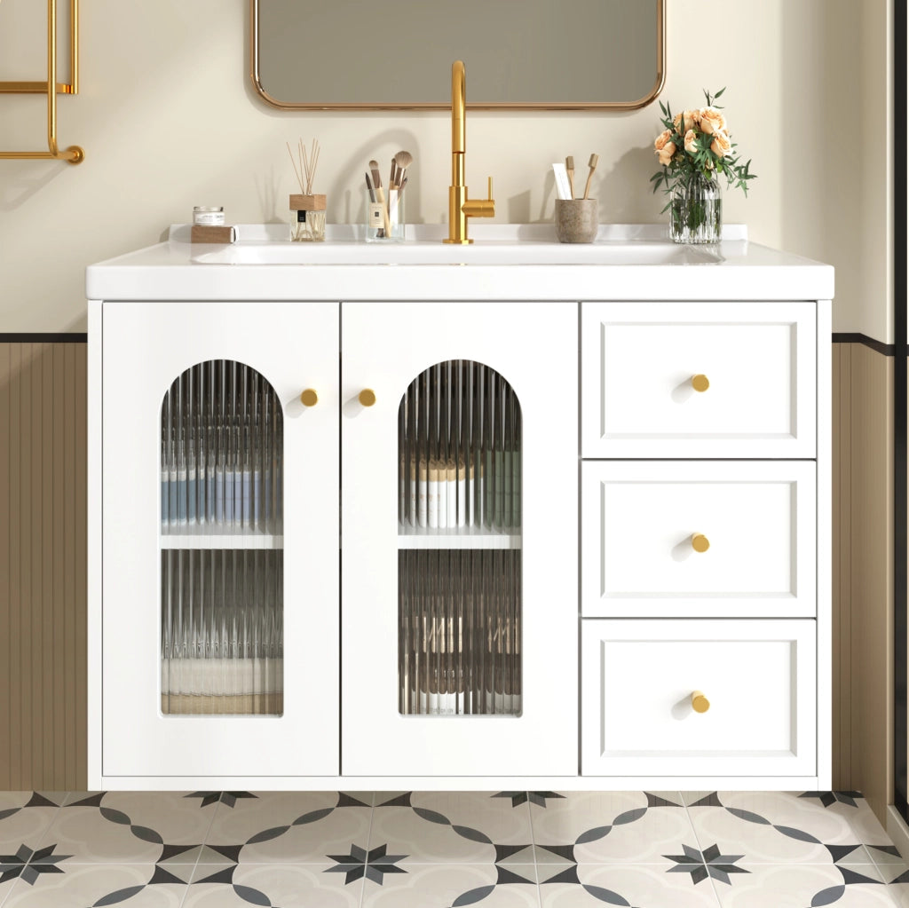 Mobile lavabo sospeso 80 cm in MDF bianco con 2 cassetti e lavabo in ceramica