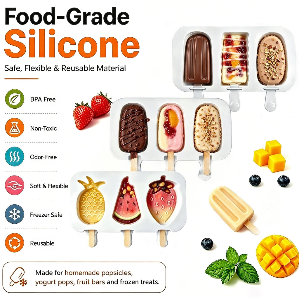 Set di 3 stampi per ghiaccio, con 50 bastoncini di legno, senza BPA, in silicone