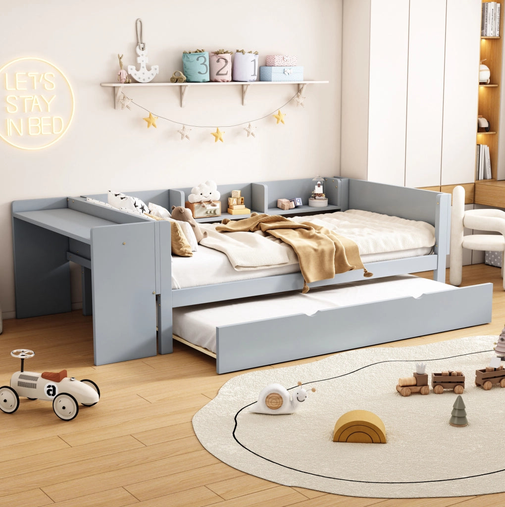 Letto singolo 90x200 cm in pino e MDF con letto estraibile, scrivania integrata e tre scaffali laterali grigio
