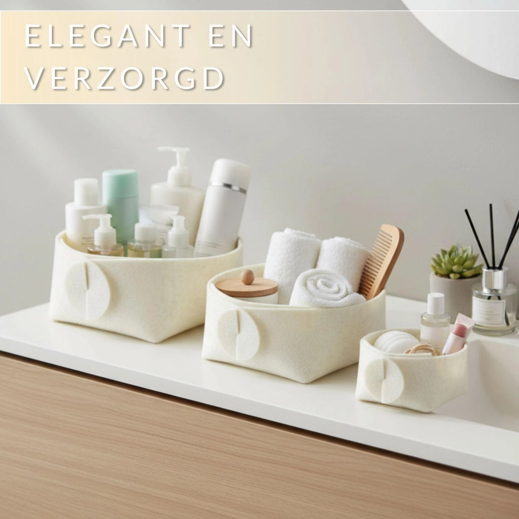 Set di 3 cesti portaoggetti in tessuto, color beige, impilabili