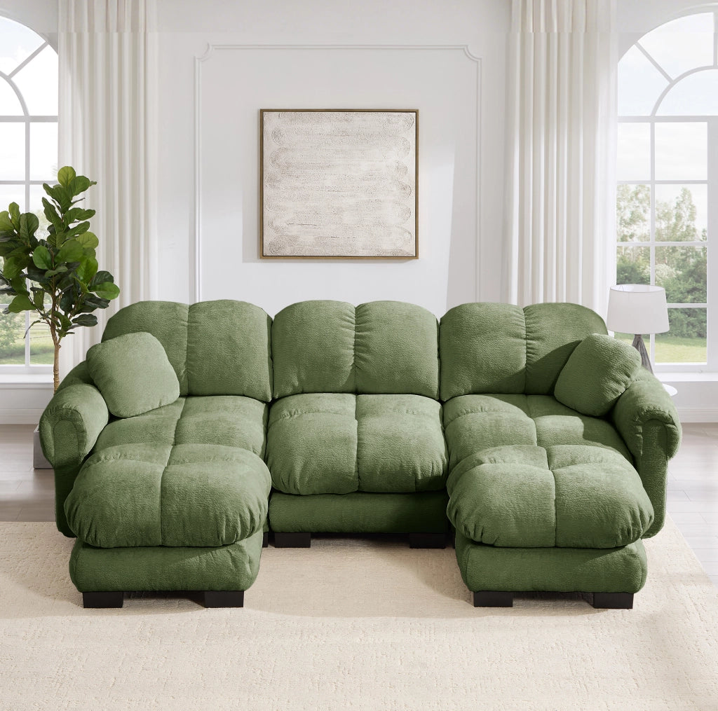Divano a U 3 posti 260x149x90 cm in ciniglia verde, ottomana mobile e 2 cuscini