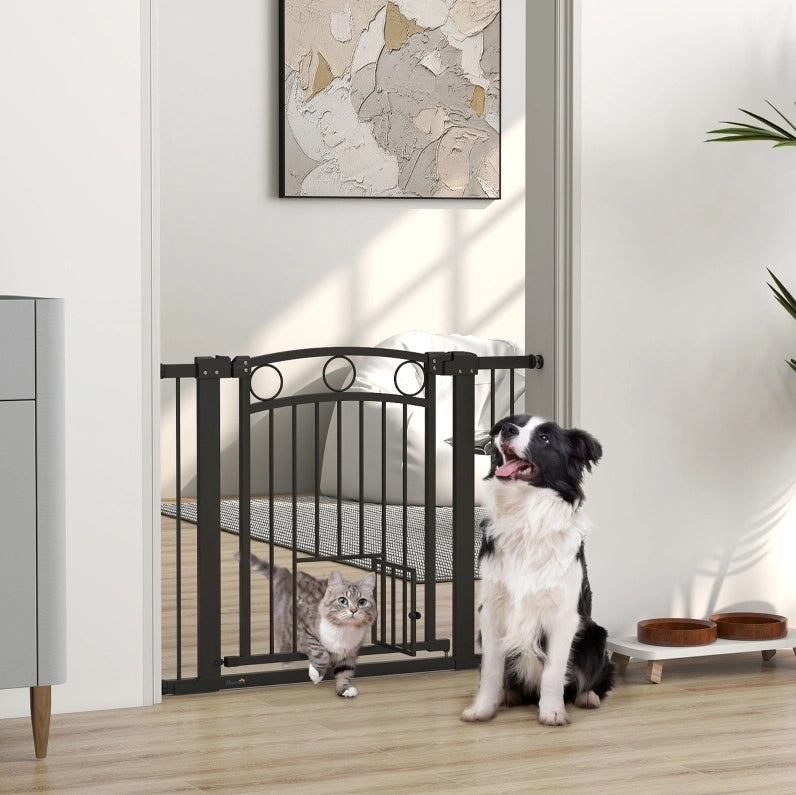 Cancelletto di sicurezza per animali 77 cm regolabile 76-104 cm nero con gattaiola