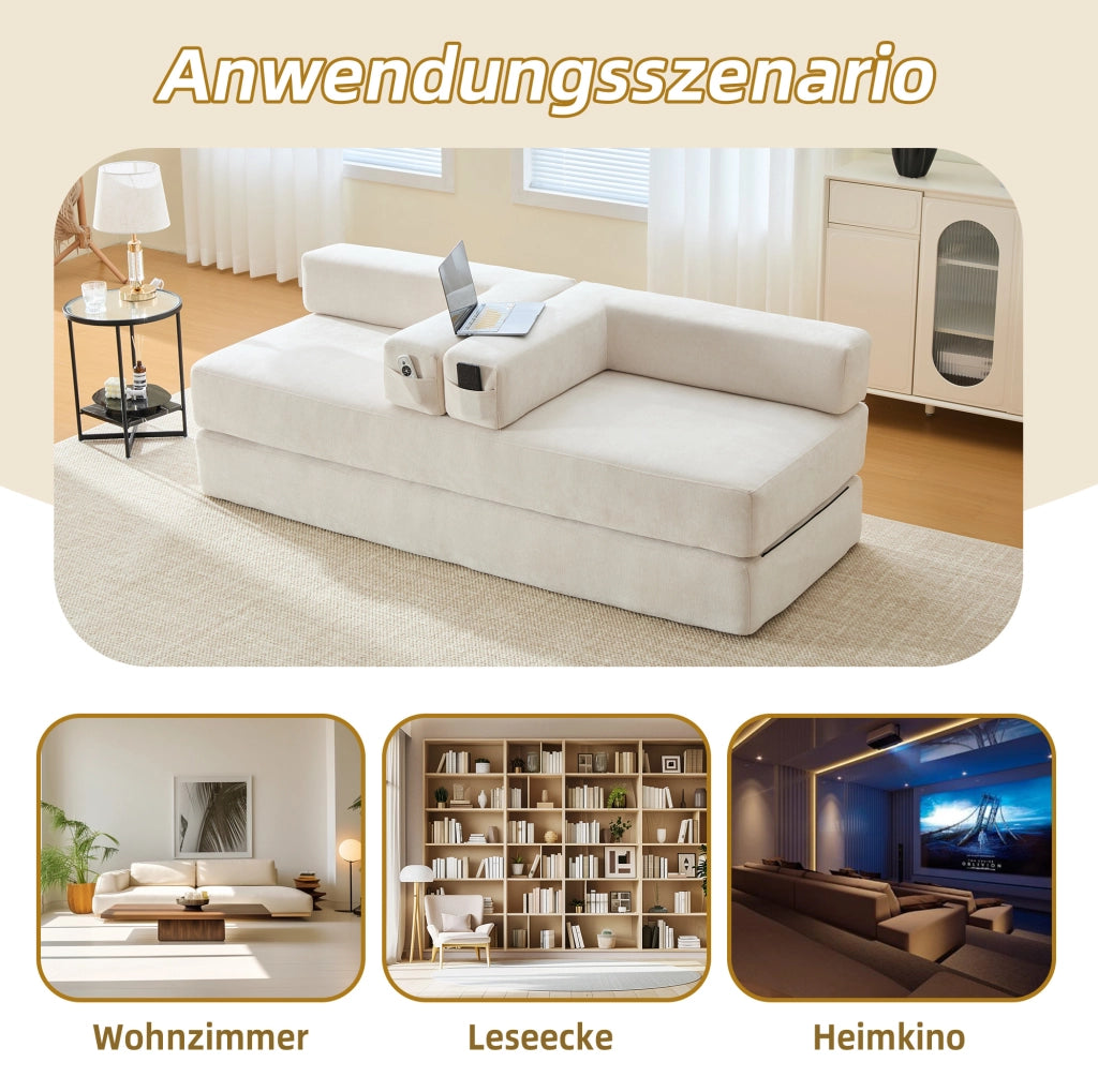 Modulo divano componibile in ciniglia beige con tasche laterali