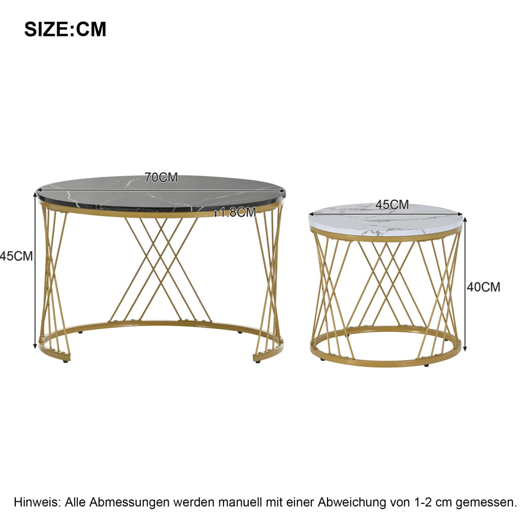 Tavolini da caffè rotondi impilabili 70x70x45 cm MDF nero e bianco, struttura dorata