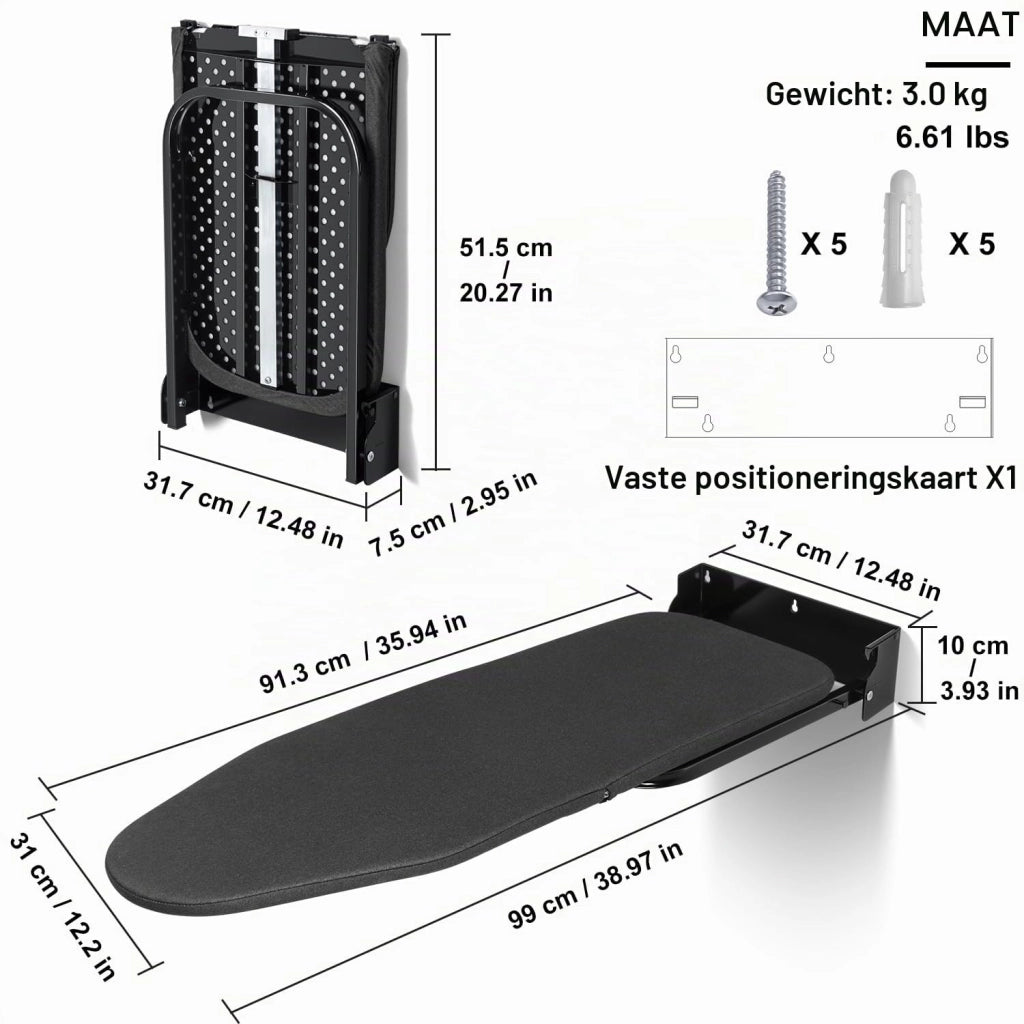 Asse da stiro da parete, dimensioni 31x91,5 cm, pieghevole e con rivestimento