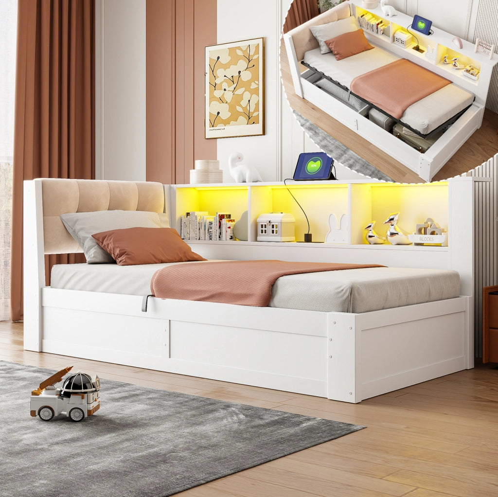 Letto singolo 90x200 cm in pino bianco con contenitore idraulico, LED regolabile, USB e scaffali laterali