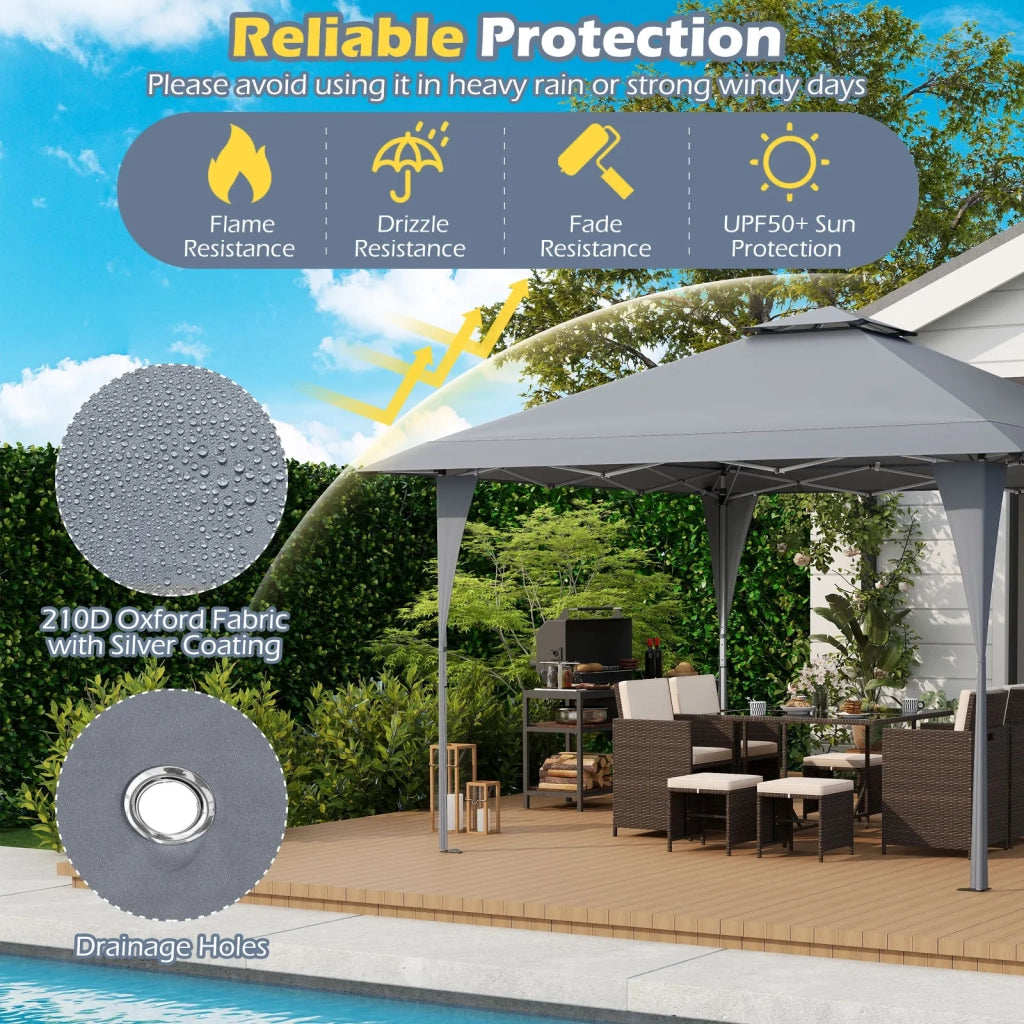 Gazebo pieghevole pop up 390 x 390 cm grigio con borsa di trasporto 8 picchetti e 4 corde tenda da giardino regolabile