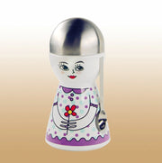 Contenitore per caffè a forma di figura, color viola, con coperchio e cucchiaino, dimensioni 25x13 cm