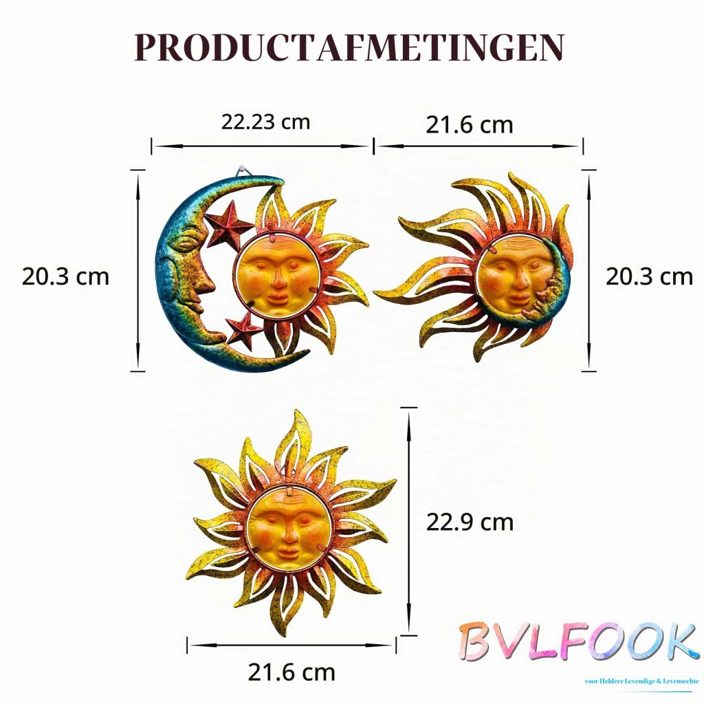 Decorazioni da parete a forma di sole, luna e stelle, in metallo, set da 3, dimensioni 22,9 x 20,3 cm