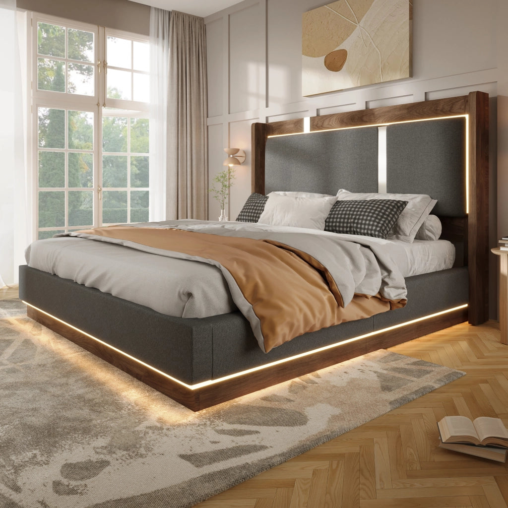 Letto con contenitore 180 ¡Á 200 cm con LED e rete a doghe in legno e metallo rivestito in lino beige e noce