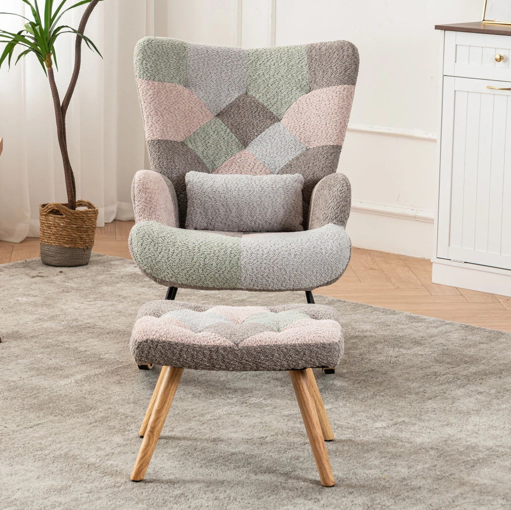 Sedia a dondolo 93 cm con poggiapiedi e cuscino lombare; velluto multicolore