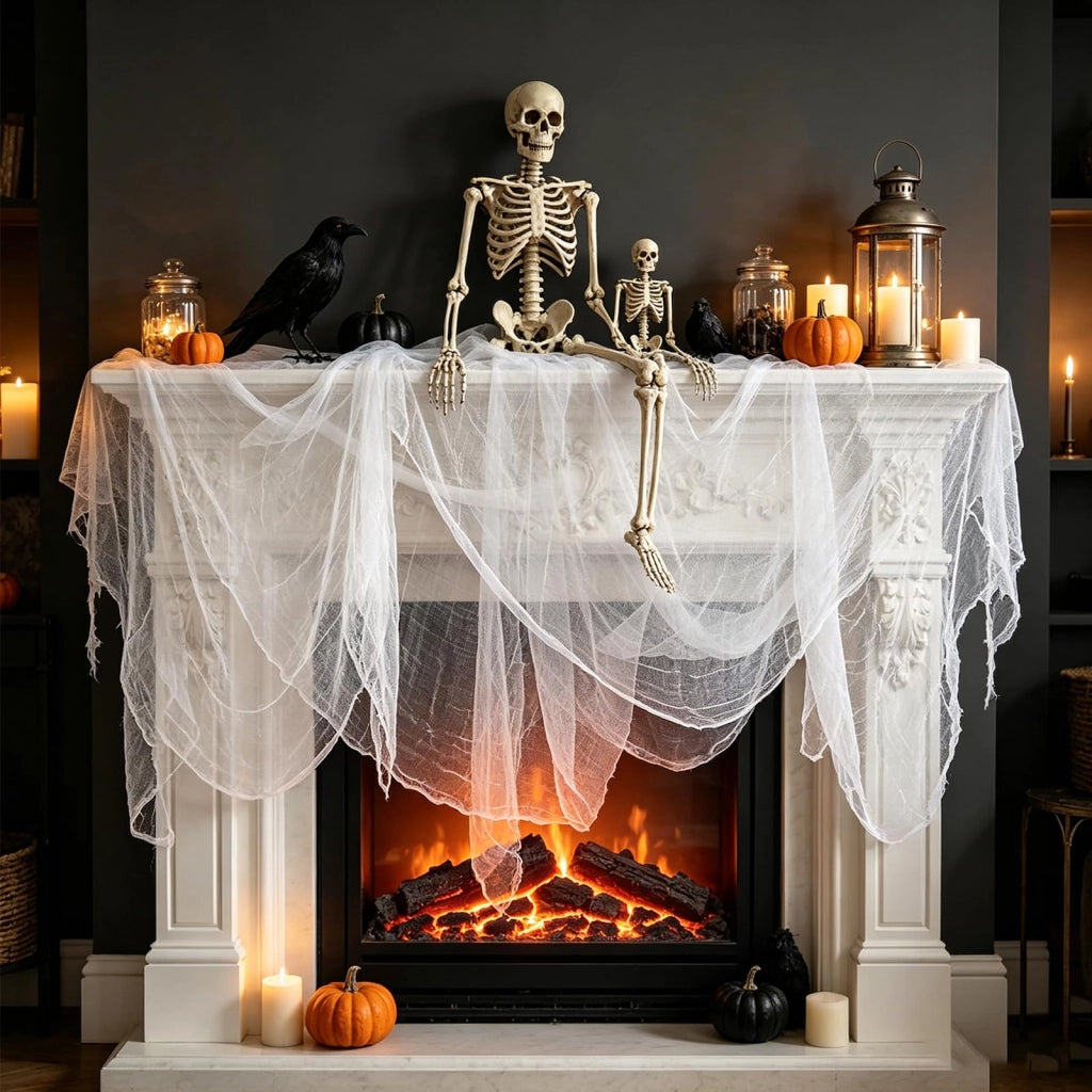 Tessuto decorativo per Halloween, 215 x 500 cm, tessuto bianco, riutilizzabile