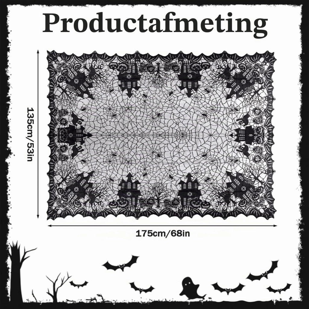 Tovaglia per Halloween, 135x175 cm, nera, con pizzo