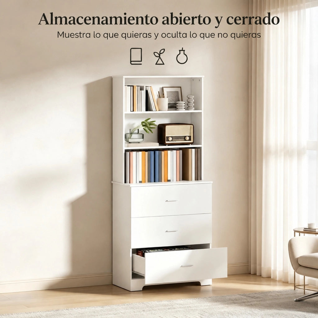 Libreria bianca con 3 ripiani aperti e 3 cassetti