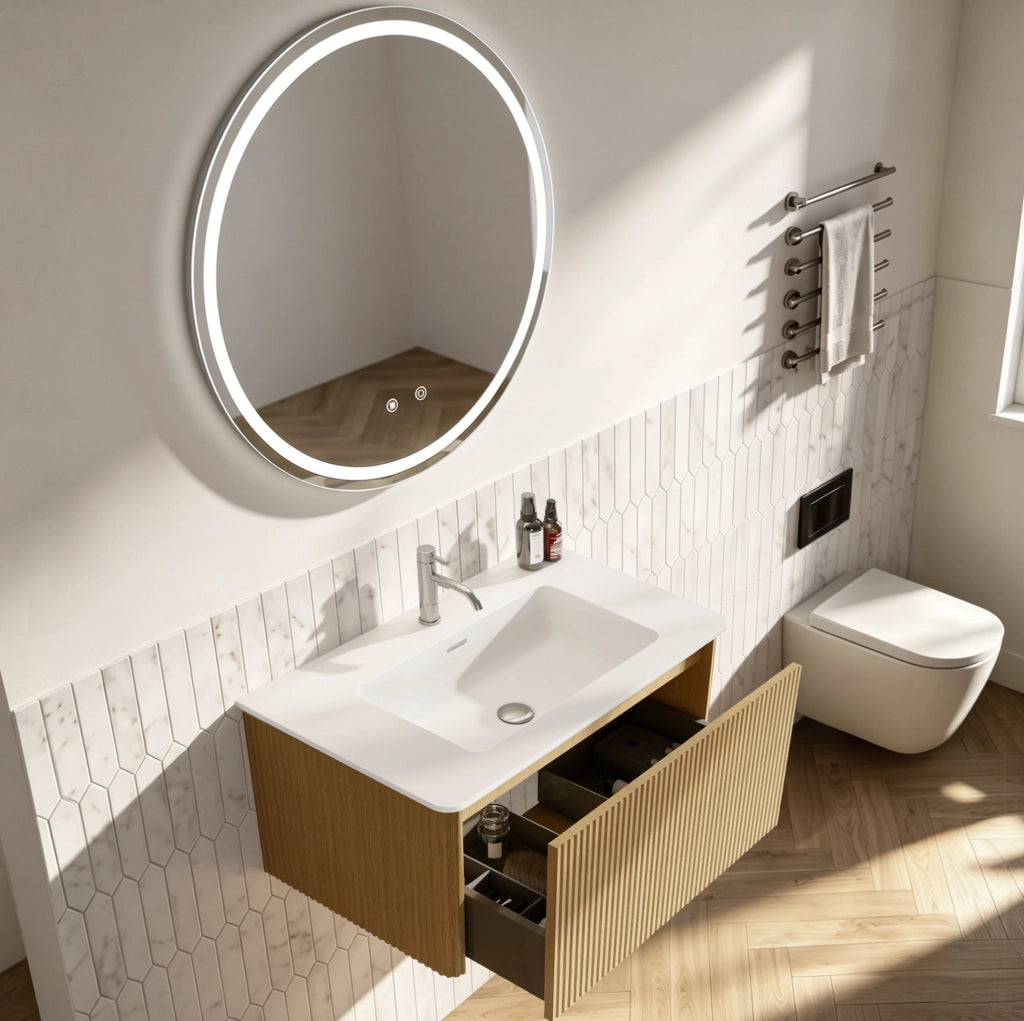 Mobile bagno sospeso con lavabo integrato in pietra ricostruita, specchio LED rotondo 80 cm, finitura rovere