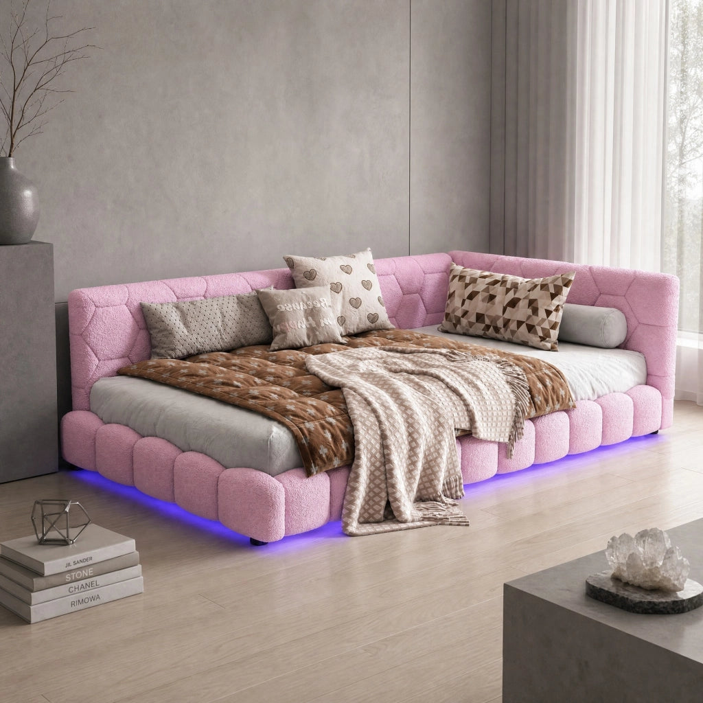 Letto singolo 90x200 cm con LED a 16 colori; USB e USB-C; struttura in MDF; rosa