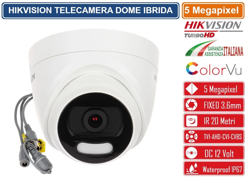 HIKVISION DS-2CE72HFT-F TELECAMERA DOME COLOR VU IBRIDA 4IN1 TVI/AHD/CVI/CVBS 5 MEGAPIXEL 3.6MM OSD IP67