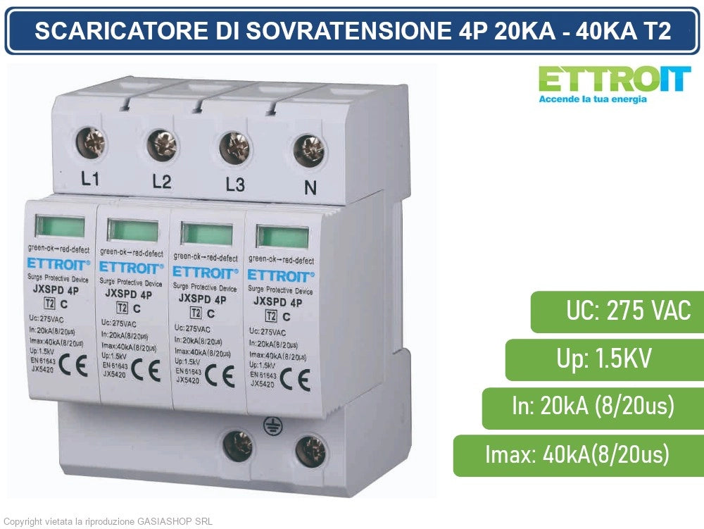 ETTROIT SCARICATORE LIMITATORE DI SOVRATENSIONE 2 MODULI TIPO T2 4P 20KA-40KA SPD A LIMITAZIONE PER BARRA DIN