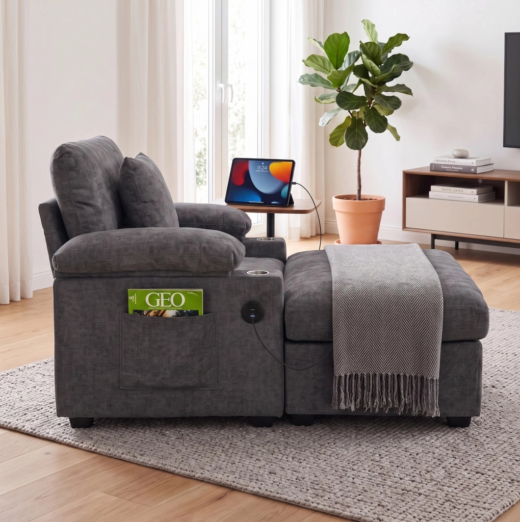 Poltrona trasformabile grigio scuro con pouf, vano portaoggetti e presa USB