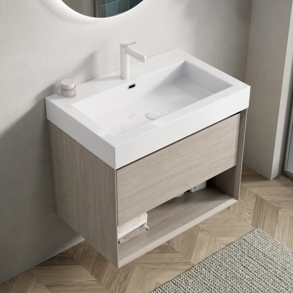 Mobile bagno con lavabo integrato in resina cassetto e ripiano aperto rovere chiaro bianco premontato