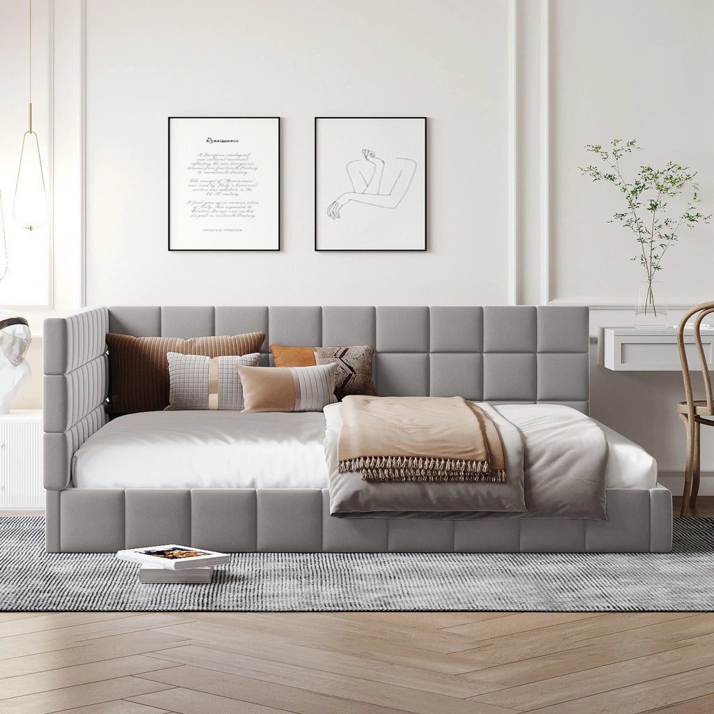 Letto imbottito 140 × 200 cm con rete a doghe in velluto grigio trasformabile in divano con schienale