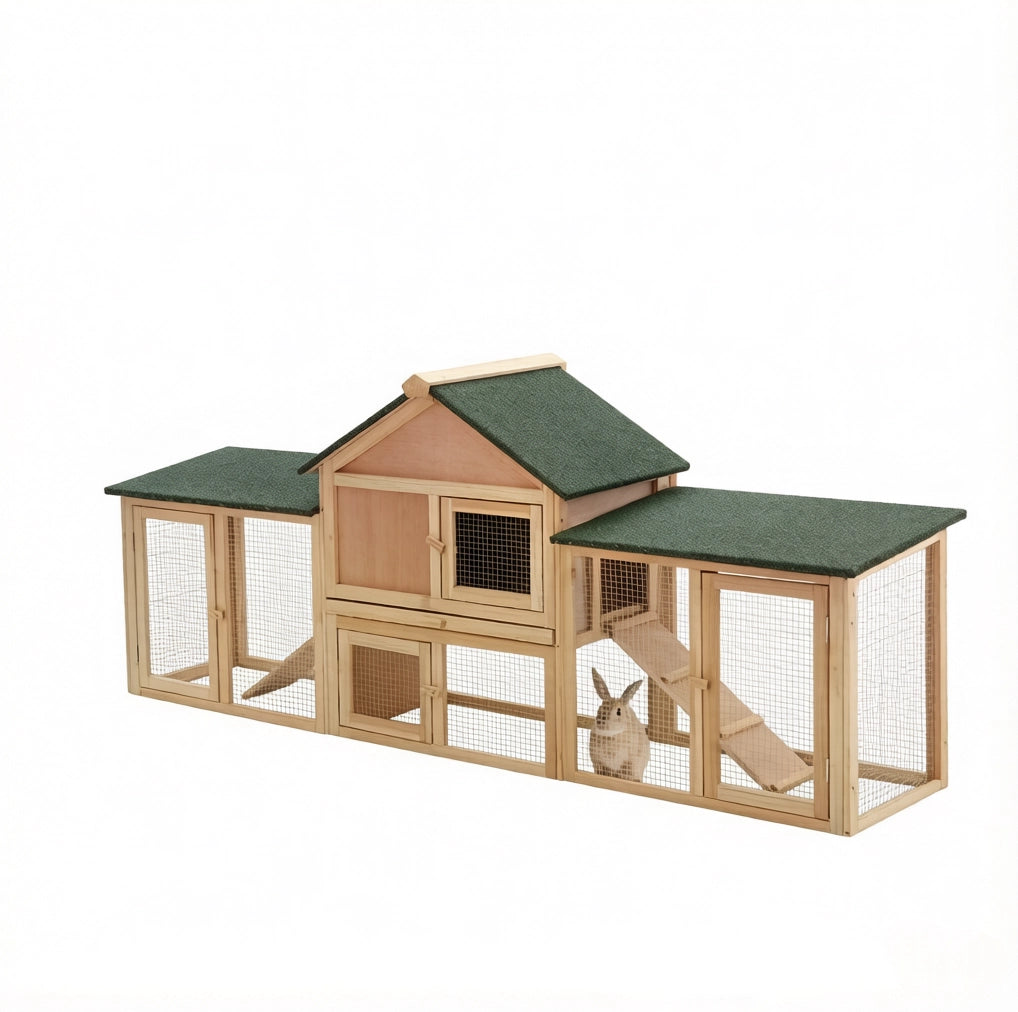 Conigliera da esterno per conigli 210 x 45,5 x 84,5 cm in legno verde, con rampa