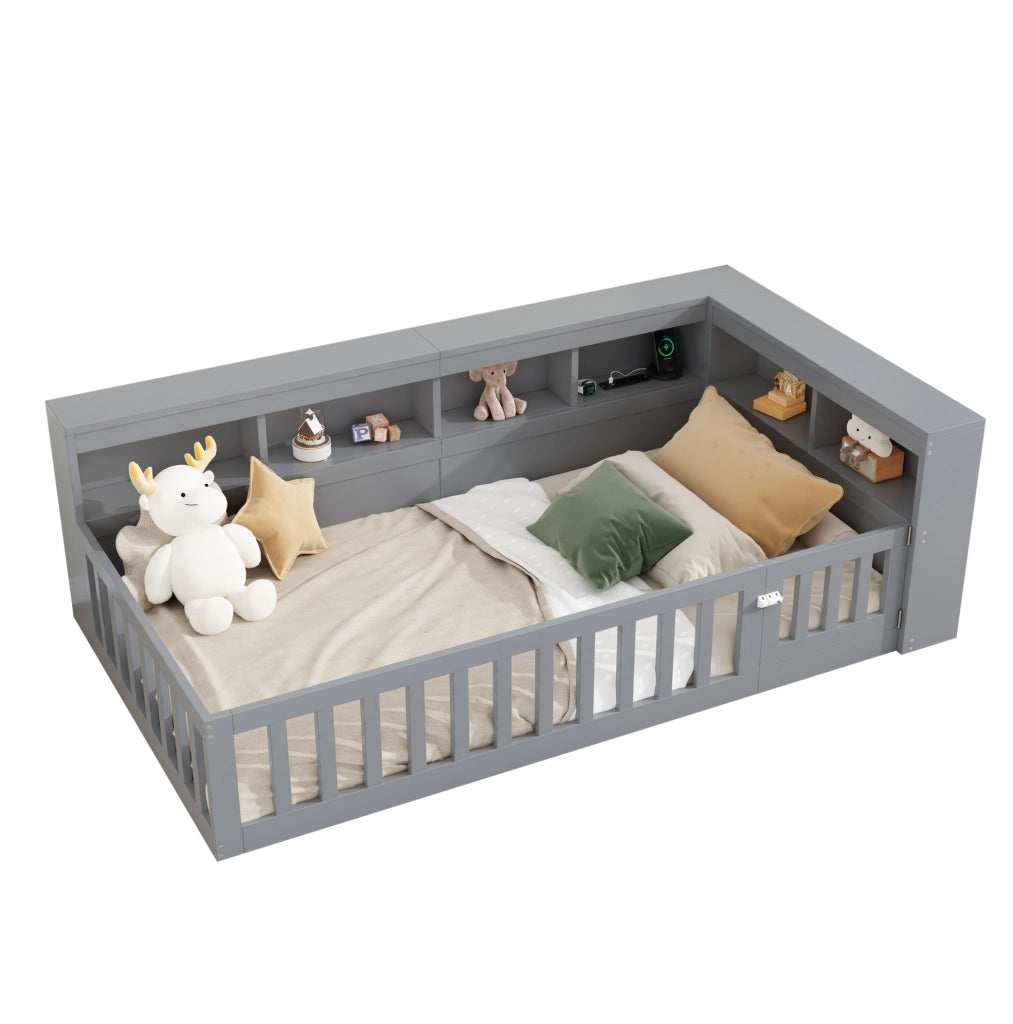 Letto giorno 90x200 cm con rete a doghe, guida estraibile, prese elettriche e USB, struttura in truciolato grigio