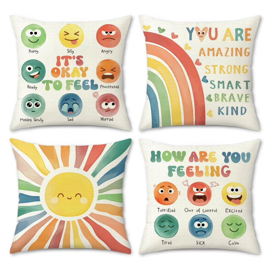 Set di 4 federe per cuscini, 45x45 cm, in poliestere, motivo arcobaleno