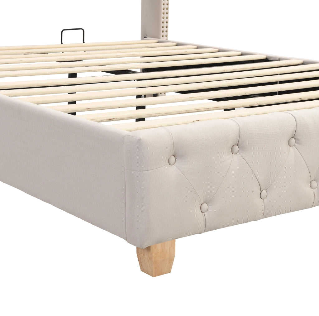 Letto imbottito 140x190 cm con rete a doghe e testiera capitonné in lino beige