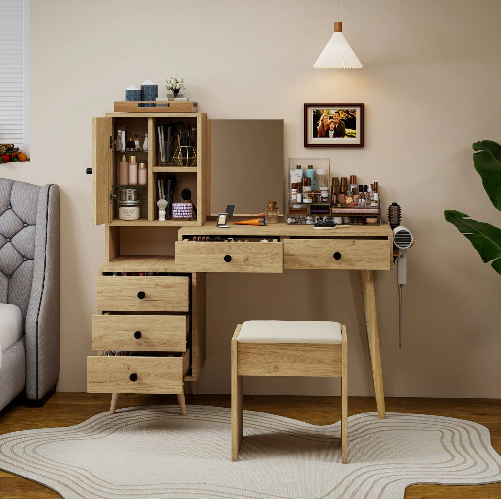 Toeletta con specchio a scomparsa, 5 cassetti e sgabello beige