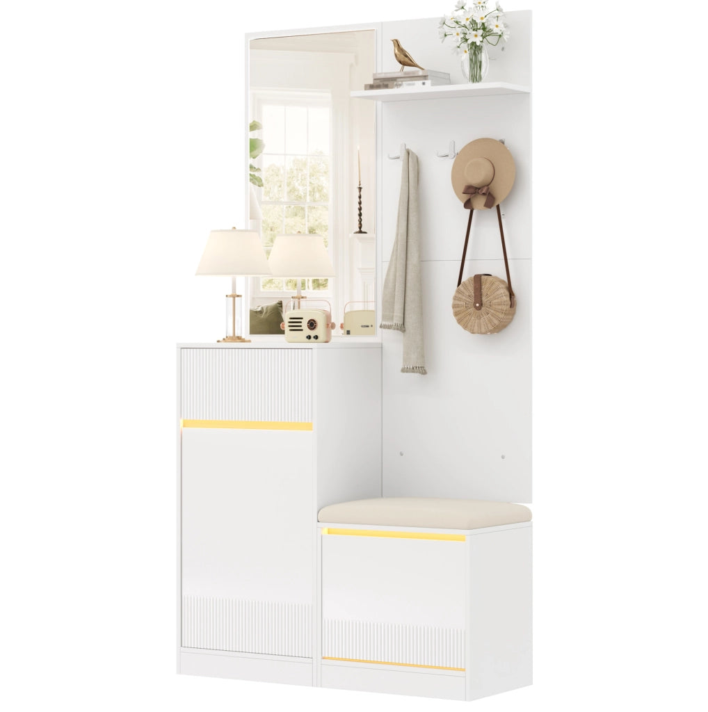 Guardaroba da ingresso compatto 105 x 38 x 190 cm bianco con specchio e LED