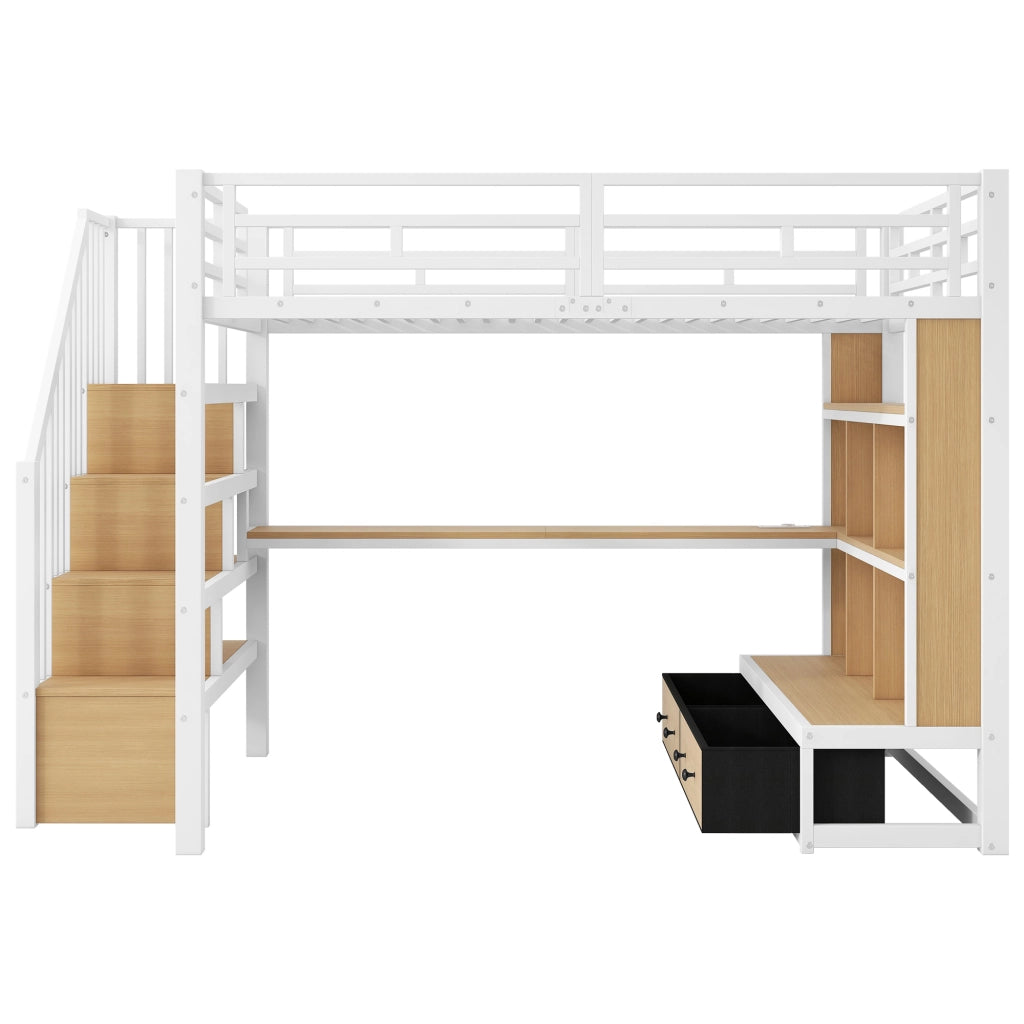 Letto a soppalco 140 × 200 cm con scrivania scaffali cassetti scala contenitore LED in MDF e metallo bianco