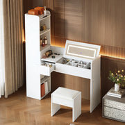 Toeletta bianca con specchio luminoso, ricarica USB e sgabello