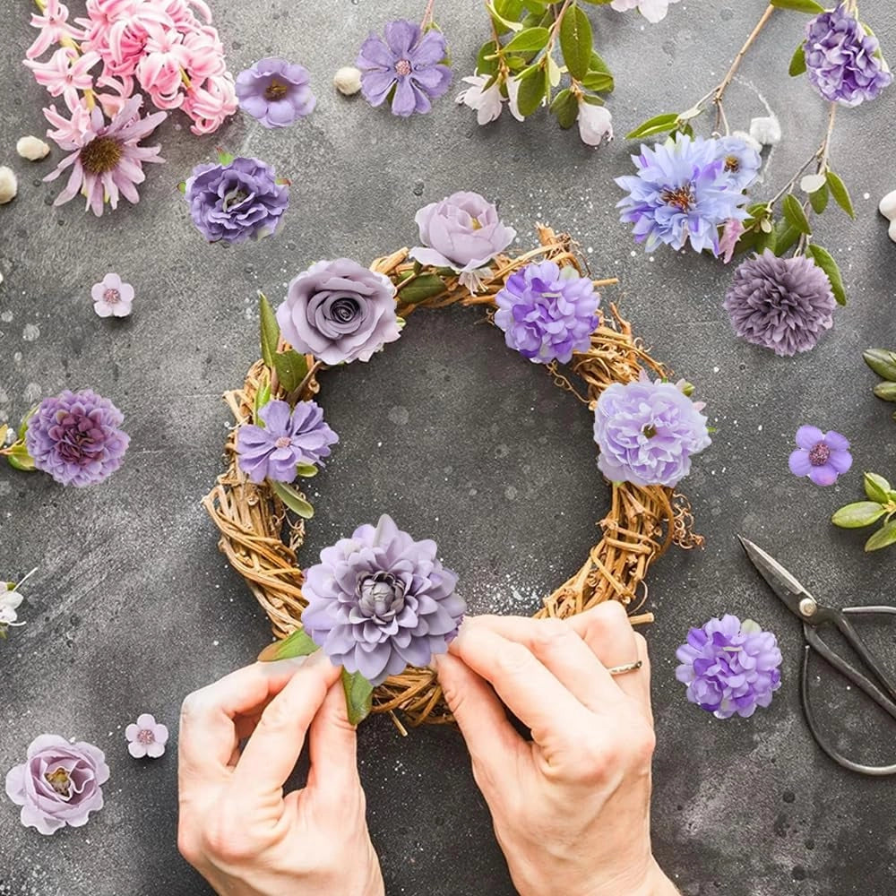 Fiori artificiali, 38 pezzi, 12 stili, dimensioni da 2 a 11 cm, color lilla, ideali per progetti fai-da-te