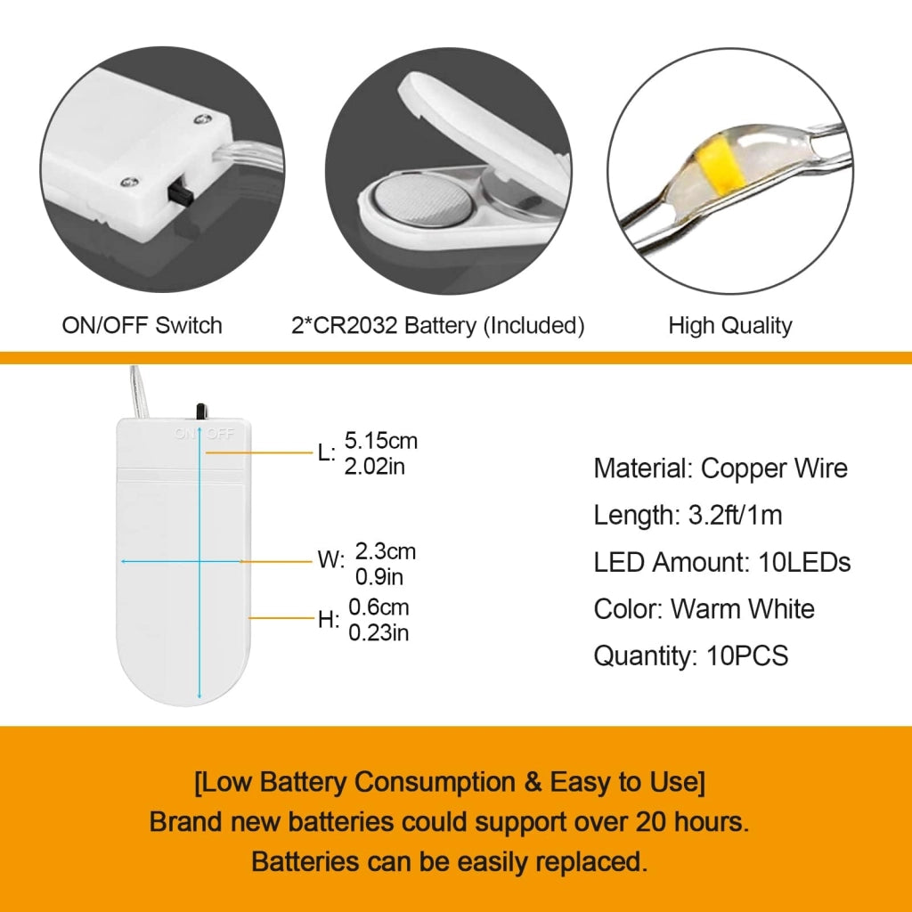 Catena luminosa a LED, confezione da 10, lunghezza 1 metro, luce bianco caldo, grado di protezione IP67, filo in rame