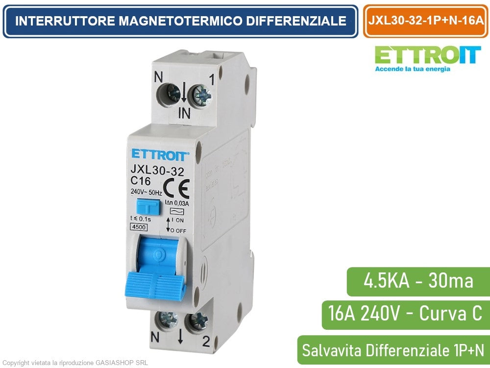 ETTROIT INTERRUTTORE MAGNETOTERMICO DIFFERENZIALE SALVAVITA PER BARRA DIN 1 MODULO 1P+N 16A C16 240V 30mA 4.5KA