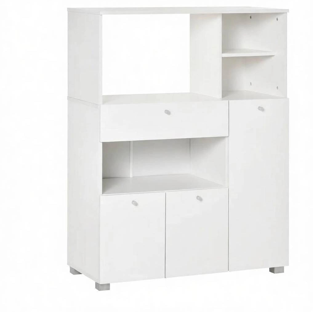 Mobile da cucina bianco con cassetto, ante e vani aperti