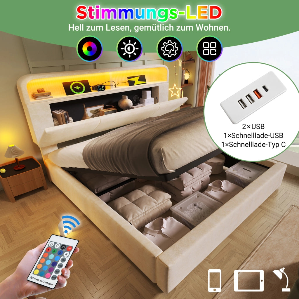Letto matrimoniale contenitore 180 × 200 cm con testiera regolabile in velluto beige LED e ricarica USB Type C