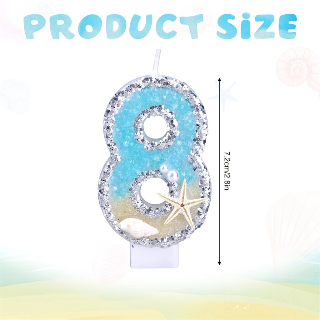 Candela a forma di numero, con tema marino, decorata con stelle marine e conchiglie, altezza 8 cm