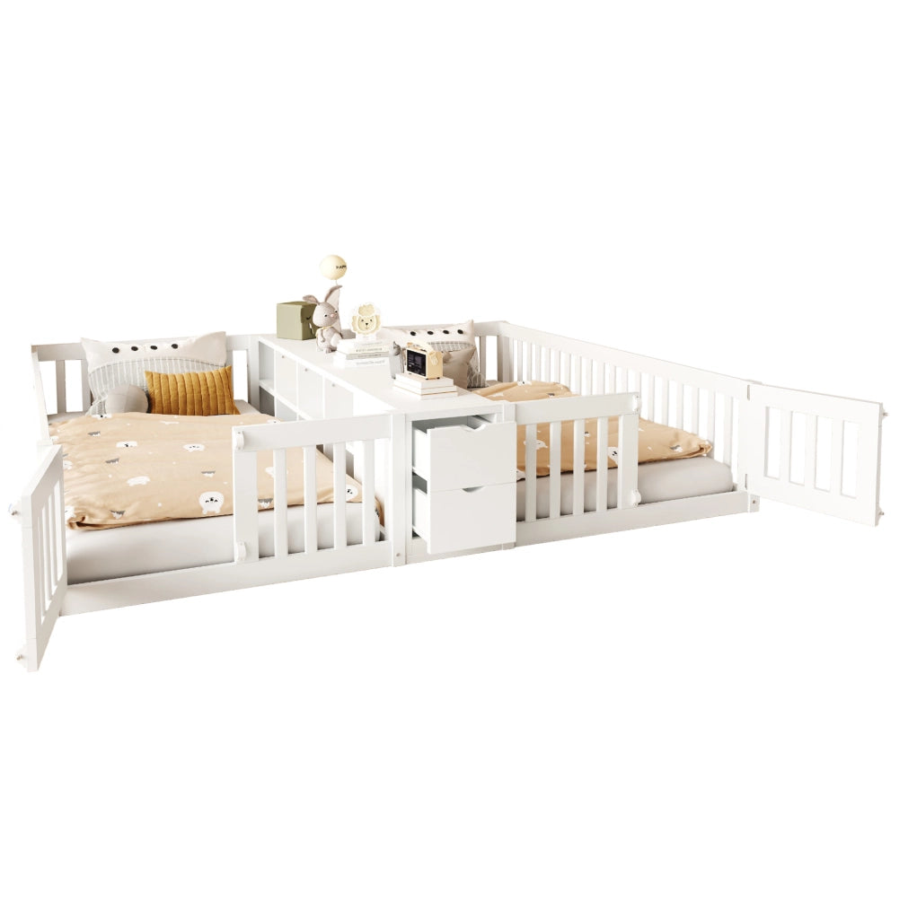 Letto a castello in legno 90x200 cm con cassetti e scaffali doppi, struttura robusta con sponde di sicurezza bianche per bambini