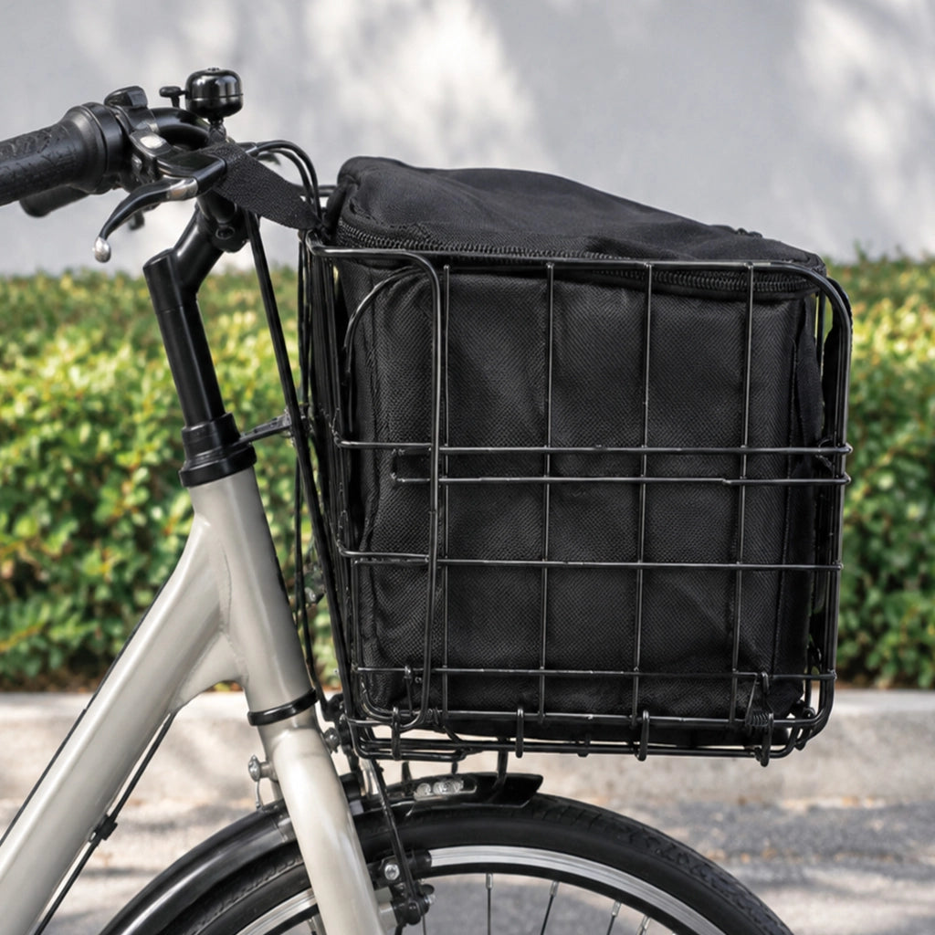 Cestino pieghevole nero per bicicletta con borsa impermeabile