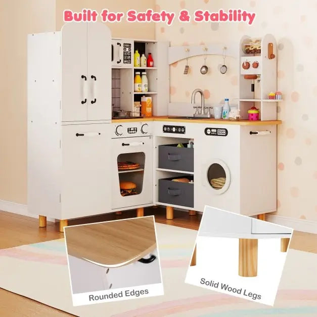 Cucina Giocattolo Angolare per Bambini in Legno con Gambe in Pino Luci e Suoni Bianco Salvaspazio