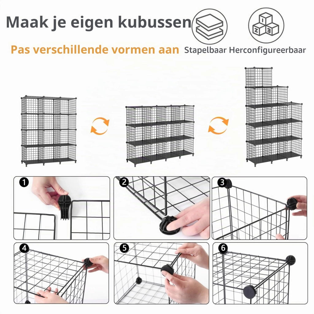 Scaffale modulare a forma di cubi, 12 cubi, colore nero, da assemblare, impilabile, 30 cm (11,8 pollici)