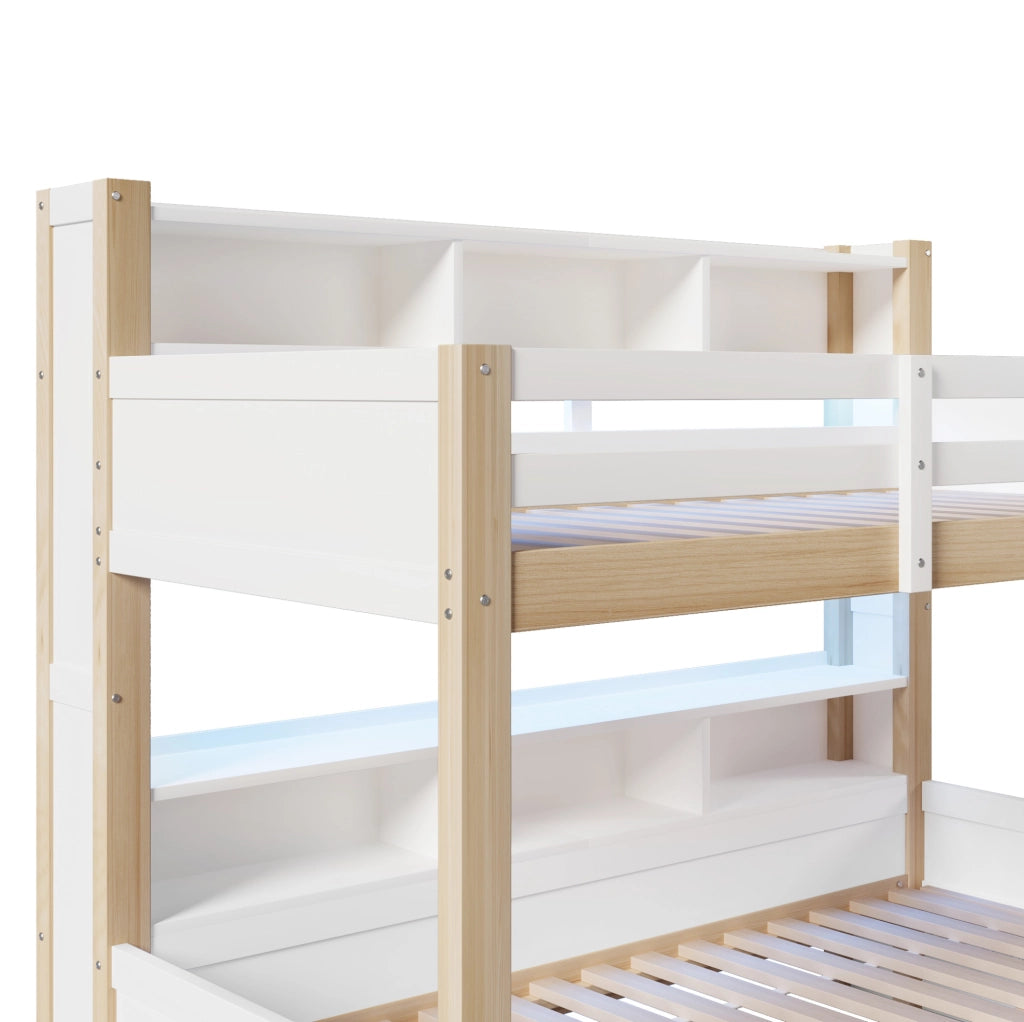 Letto a castello in legno massello 90x200 cm + 140x200 cm con scale, sponde, cassetto e luci LED, bianco e naturale, senza materasso