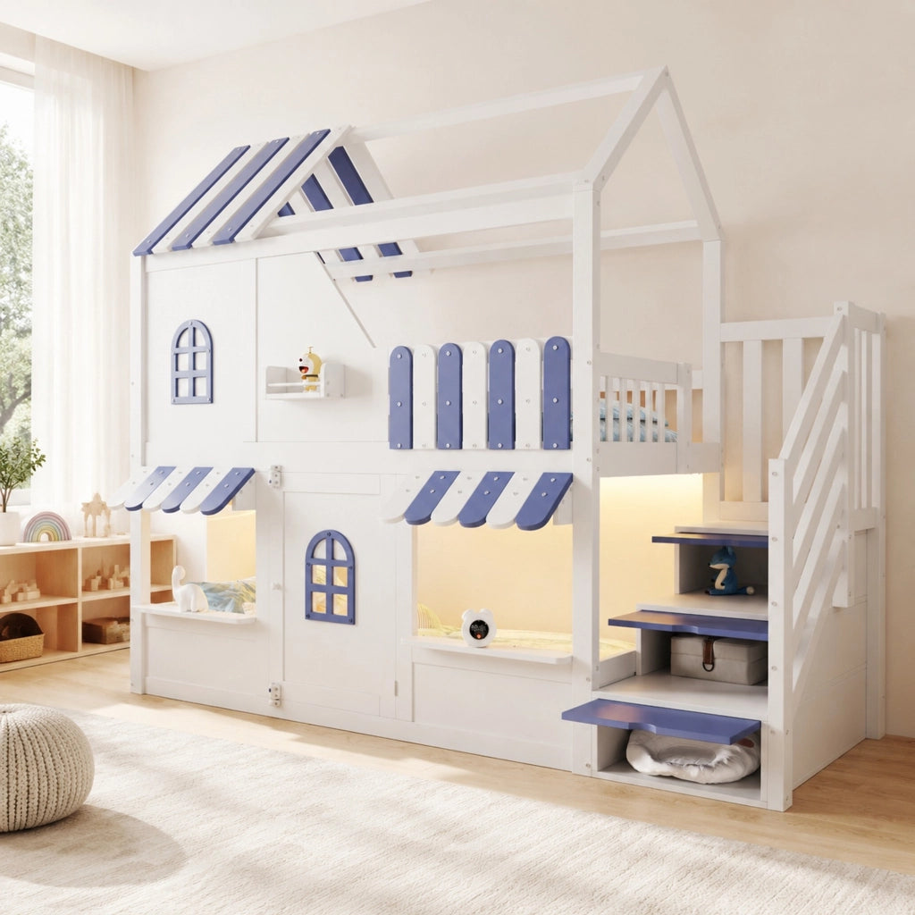 Letto a castello per bambini 90x200 cm con LED; ripiani e scala contenitore; bianco e blu